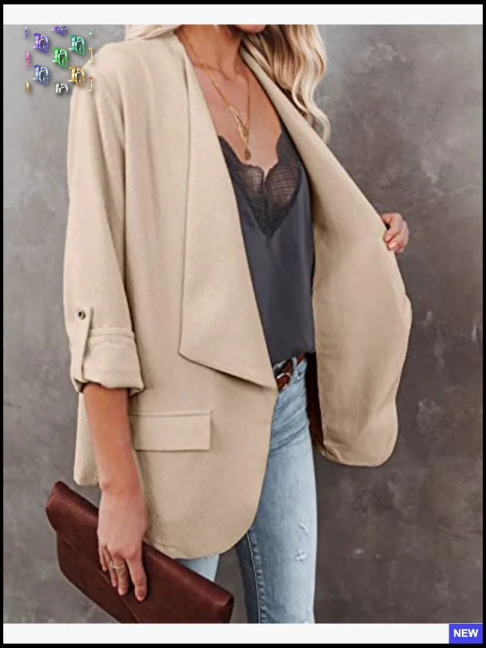 Casual Blazer Jacket Roll Up Sleeves Open Front Work Office Business Chic